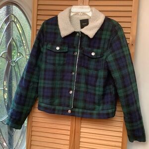 Forever 21 Cropped Plaid Flannel Jacket Women Size S  Sherpa Lined Button -Flaw